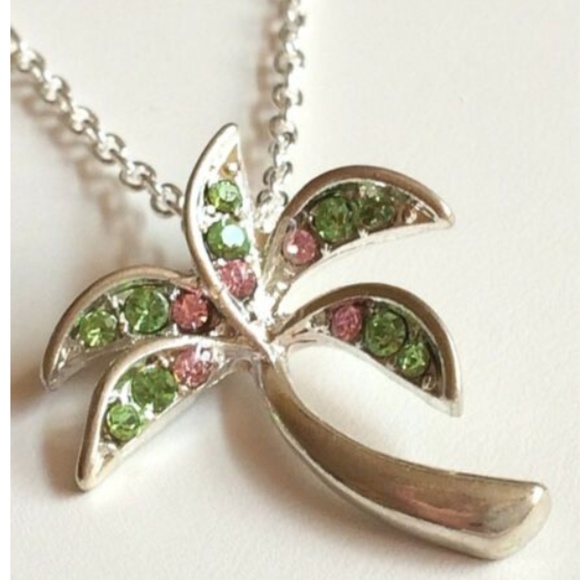 Vintage Silver Coconut Palm Tree Necklace 18" Crystal Island Plated Pendant - Picture 2 of 9